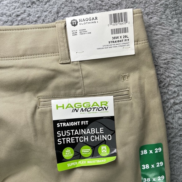 Haggar Other - Haggar Chino Pants Mens 38x29 Khaki In Motion Stretch Straight Fit NWT